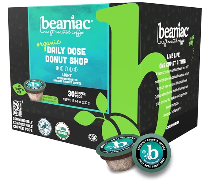 beaniac Organic Daily Dose Donut Shop Light Roast Single Serve Compostable K Cup Coffee Pods Organic Arabica Coffee Keurig Brewer Compatible 30 Count