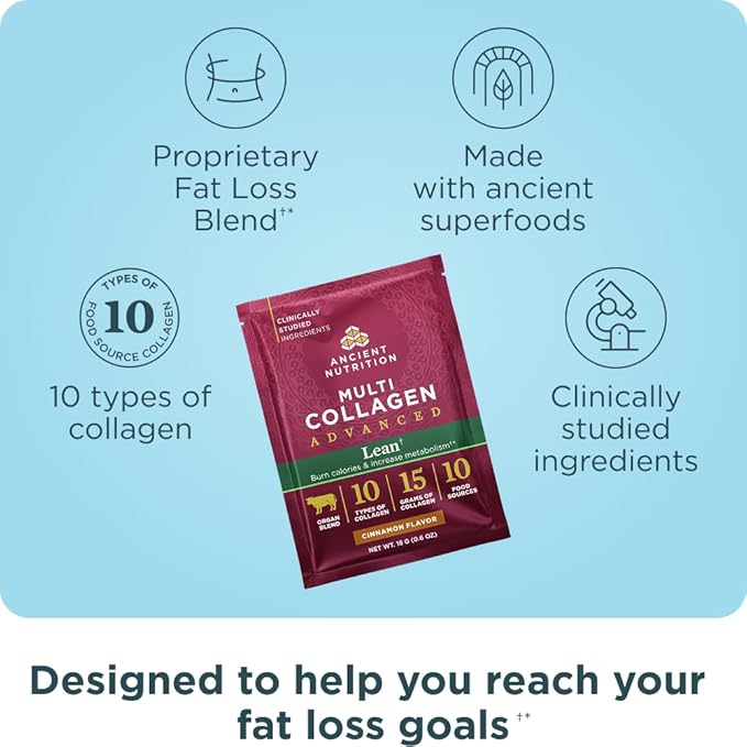 Ancient Nutrition Advanced Hydrolyzed Collagen Peptides Powder Protein Lean with Probiotics and Vitamin C Cinnamon for Women &amp Men Supports Healthy Weight Management &amp Muscle Building 8 Pa