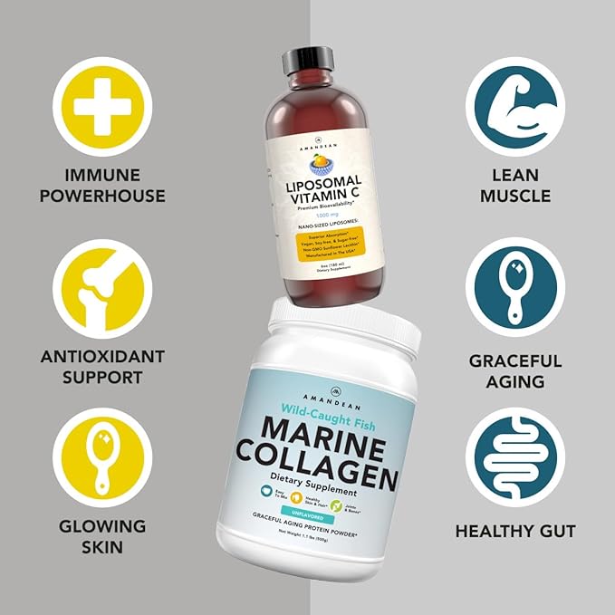 Marine Collagen Powder + Vitamin C - Perfect Skin from Within Combo. Wild-Caught Cod Fish Peptides Liposomal VIT C Liquid 1000mg. Boost Production and Synthesis for Healthy Aging Beauty Wellness.