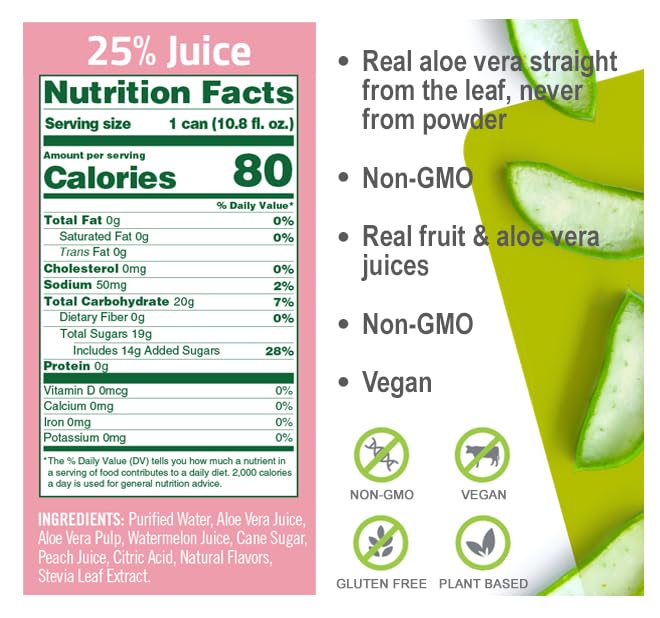 ALO Drink |ALO Comfort Aloe Vera Juice Drink | Watermelon + Peach Flavor | 12 Pack | 10.8 FL OZ (320mL) Cans