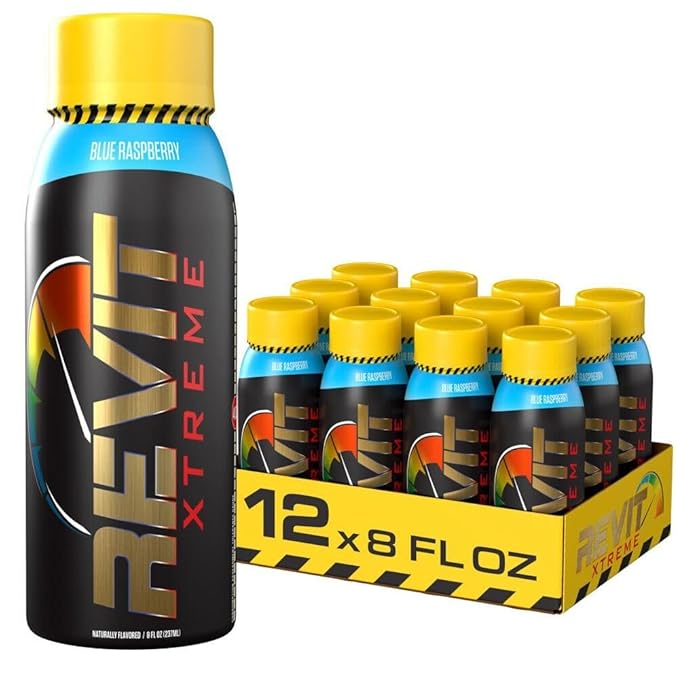 Steel Revit Xtreme Energy Drink Blue Raspberry 8oz (12-Pack) | 375mg Caffeine 7 Essential Vitamins| Sugar-Free Resealable Cap All-Day Energy