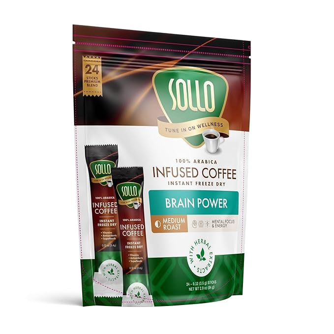 Sollo Brain Power Instant Coffee Sticks (24 Servings) Cinnamon Notes - Dark Roast Enhanced Brain Function &amp Immune Support Focus Bold &amp Smooth Taste 100% Arabica Freeze Dry.