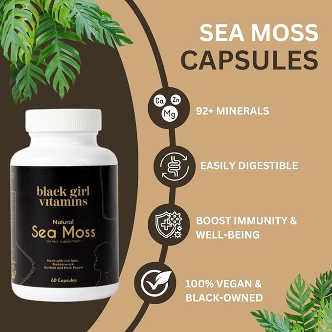 Black Girl Vitamins Organic Sea Moss Capsules – 92 Minerals Superfood Supplement | Vegan Sea Moss Pills for Thyroid Digestive &amp Immune Support | Black-Owned Non-GMO