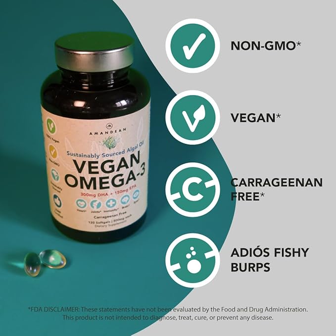 Healthy Skin &amp Joints Bundle - Premium Vegan Omega-3 (120 Capsules) from Marine Algae + Grass-Fed Collagen Peptides Powder (1kg - 100 Servings) Non-GMO. Radiant Skin Joints Bones &amp Graceful