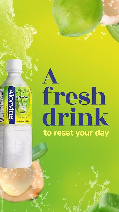 Aloevine Aloe Vera Drink Coconut – Drink Aloe Juice with Real Aloe Chunks | Healthy Plant-Based Korean Beverage | Aloe Vera Juice | 16.9 oz Bottles (20 Pack)