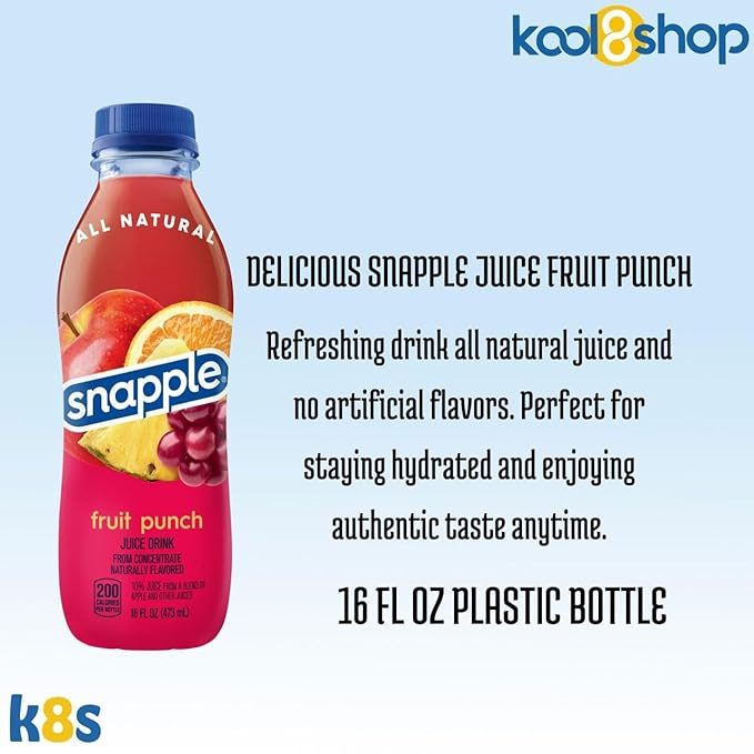Snapple Fruit Punch All Natural Fruit Juice 16 fl oz Plastic Bottle 16 Pack + 15 Sugarcane Disposable Straws by KOOL8SHOP Infinite Deals