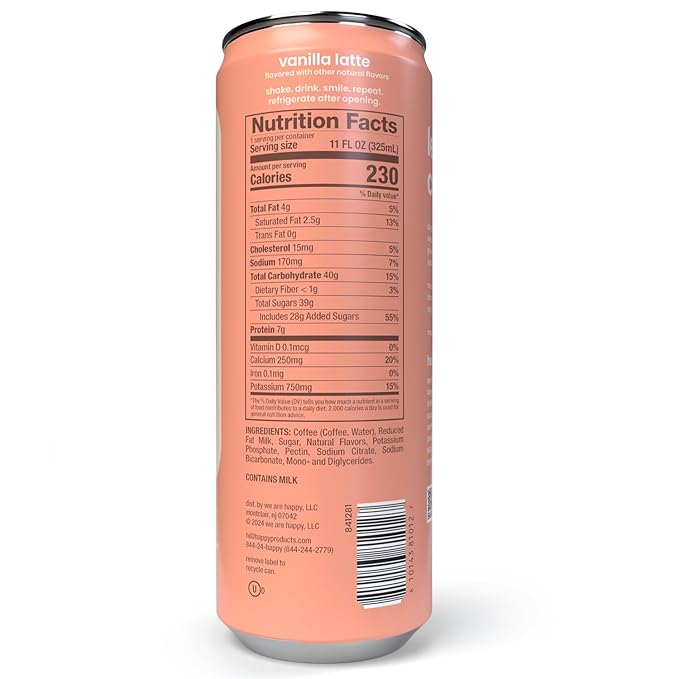 happy coffee canned vanilla latte 11 oz. cans 12 pack notes of marshmallow &amp comfort 100% arabica beans no artificial flavors or sweeteners
