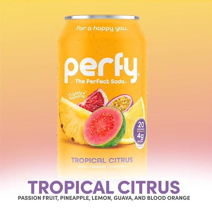 PERFY Caffeine Free Tropical Citrus Soda | Made With Real Fruit Juice – Low Sugar Nootropic Drink with L-Theanine + Turmeric | Calming Adaptogen Mocktail | Keto + GLP-1 Friendly | Sweetened with Stevi