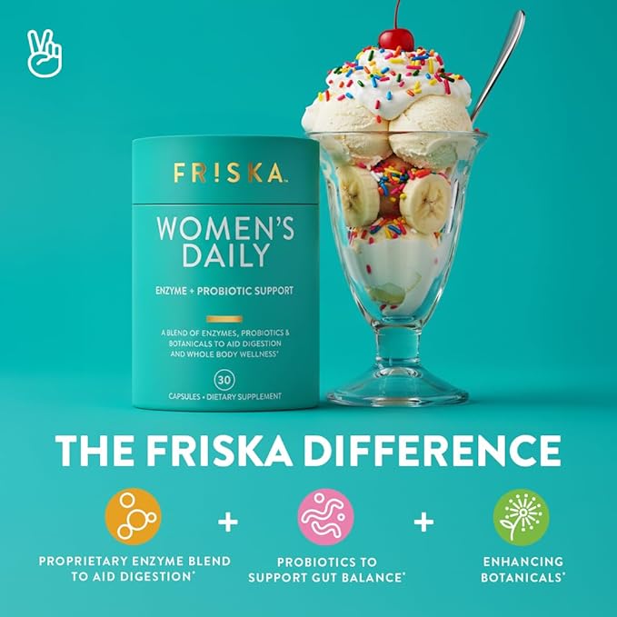 FRISKA Women’s Daily Digestive Enzyme and Probiotics Supplement Advanced Natural Support for Female Digestive Health Fights Bloating Eases Digestion Supports Nutrient Absorption 30 Capsules