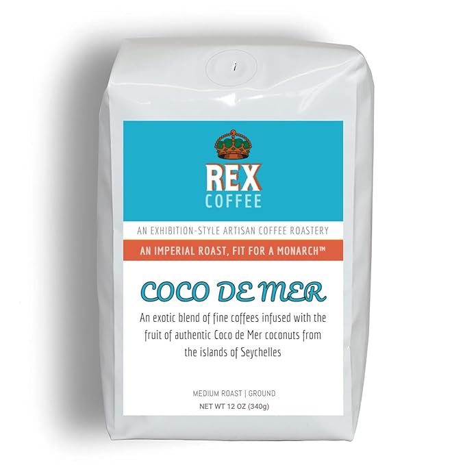 Rex Coffee Coco De Mer Ground Coffee Infused Double Coconut from Seychelles Arabica Light Medium Roast 12 Ounce
