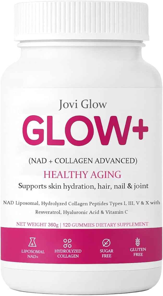 AIFBENK Jovi Glow+ NAD+ &amp Collagen Gummies with Hydrolyzed Collagen Peptides Resveratrol Hyaluronic Acid &amp Vitamin C Anti-Aging Supports Skin Hair &amp Nail Wellness Daily Vitality Gum