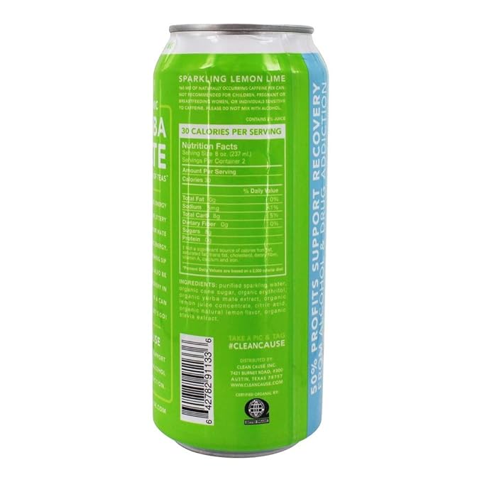 Clean Cause Sparkling Lemon Lime Yerba Mate - 16 Ounces (Case of 12)