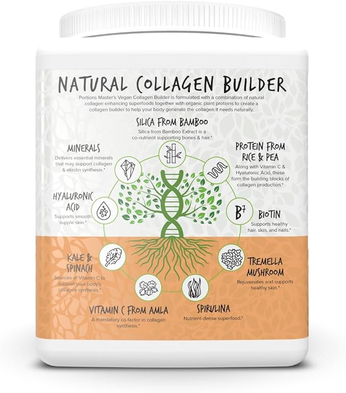 Portions Master Vegan Collagen Builder Plant Based Collagen Support Powder with Rice &amp Pea Protein Silica Biotin Tremella Mushroom Vitamin C (Salted Caramel 500g)