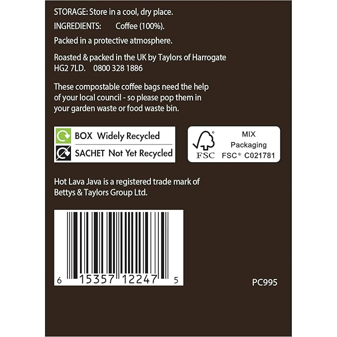 Taylors of Harrogate Hot Lava Java Coffee Bags (10 Enveloped Bags Per Pack x 3 Packs = 30 Coffee Bags)