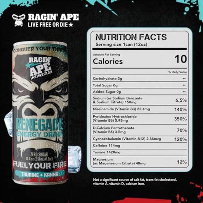 Ragin' Ape Renegade Energy Drink Multipack Vegan Friendly 12 oz Cans with Taurine Kanna and Caffeine Low Calorie Carbonated Beverage For Bold Clean Energy Fuel 24 Pack