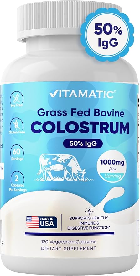 Vitamatic Bovine Colostrum Supplement 1000 mg per Serving - 50% Highest IgG - Supplement for Gut Health Hair Growth Beauty Muscle Recovery &amp Immune Support - 120 Capsules