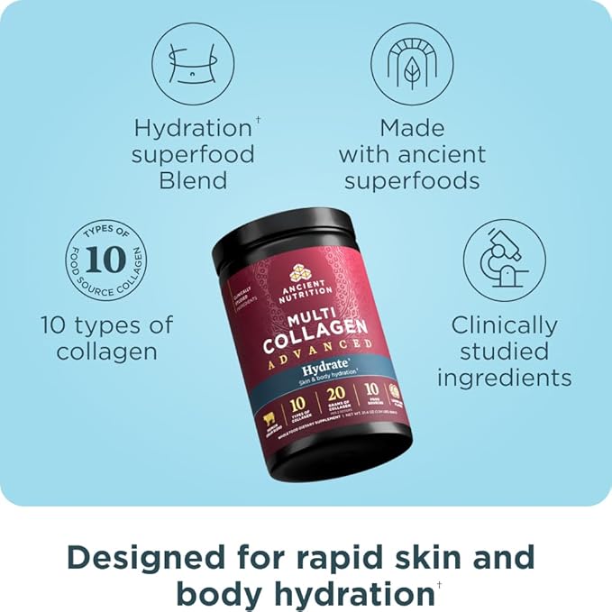 Ancient Nutrition Advanced Multi Collagen Protein Powder Hydrate Lemon Lime 30 Servings
