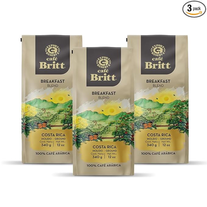 Café Britt® - Costa Rican Breakfast Blend Coffee (12 oz.) (3-Pack) - Ground Arabica Coffee Kosher Gluten Free 100% Gourmet &amp Medium Dark Roast