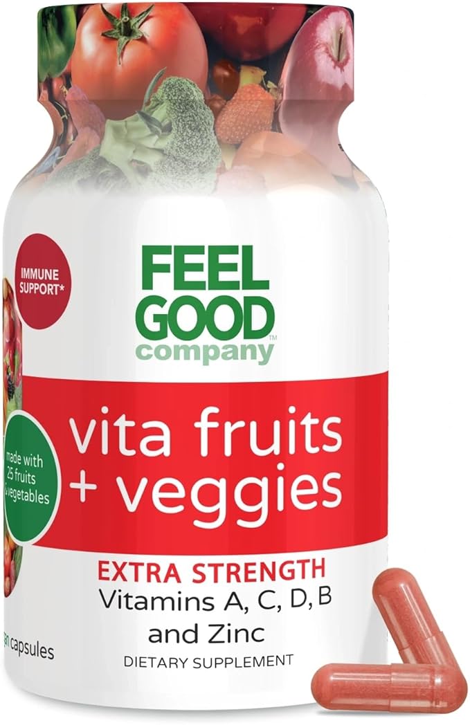 FeelGood Superfoods 1000mg Immune Support Capsules Made with 25 Organic Fruits and Vegetables Strong Immunity Boosters with Vitamins A C D3 and Zinc 60 Count