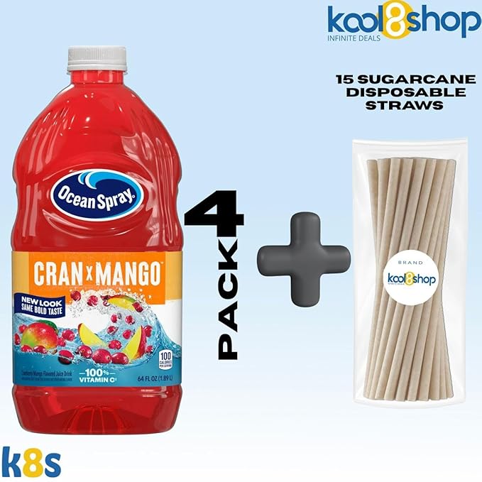 Ocean Spray Cran Mango Fruit Juice Drink 64 fl oz Plastic Bottle 4 Pack + 15 Sugarcane Disposable Straws by KOOL8SHOP Infinite Deals