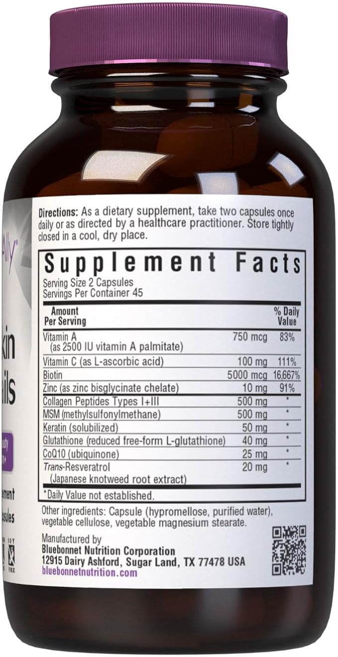 Bluebonnet Nutrition Beautiful Ally Hair Skin &amp Nails Hydrolyzed Collagen from Grass Fed Cows Collagen Peptides Type 1 &amp 3 Non GMO Gluten Free Soy Free Milk Free 90 Vegetable Capsules