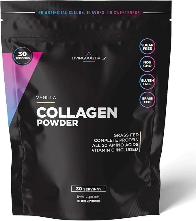 Livingood Daily Vanilla Collagen Powder for Women &amp Men Hydrolyzed Collagen Peptides Powder with Vitamin C Protein with 20 Amino Acids Type I &amp III Grass Fed Keto Paleo Gluten Free 30