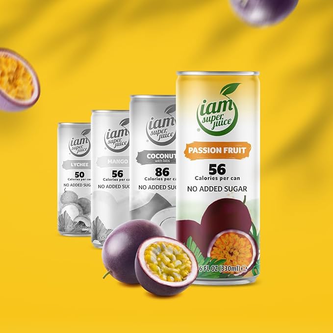 I am Superjuice Passion Fruit - Natural Fruit Juice Drink - Zero Added Sugar - Low in calories (56 per can) - 12 Pack x 11.16 FL OZ
