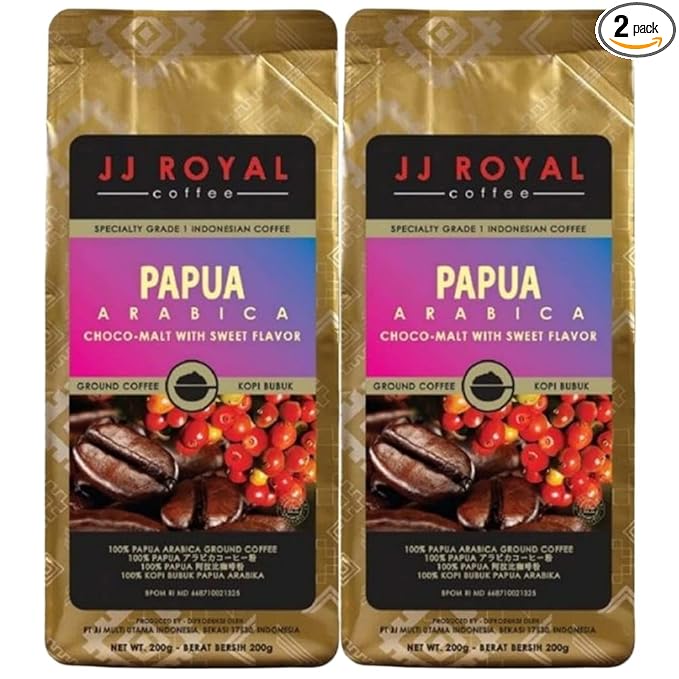 JJ Royal Coffee Papua Arabica 200g Ground Coffee (Pack of 2)