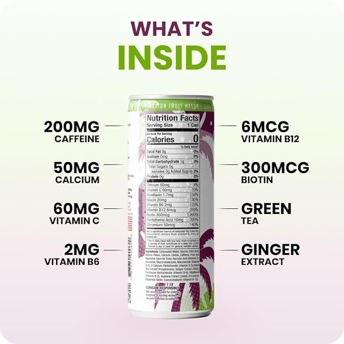 FitTea Healthy Energy Drink 12 Fl Oz - Passionfruit Melon Sparkling Refresher (12 Pack) Natural Green Tea Energy Drinks Sugar Free