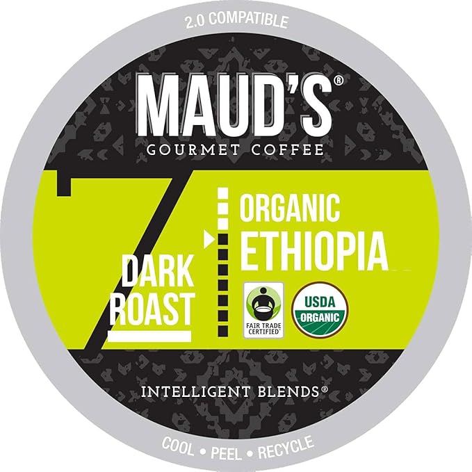 Maud's Organic Ethiopian Coffee Pods 24 ct Single Origin Ethiopian Dark Roast Coffee in Single Serve Pods – 100% Arabica Coffee Compatible with Keurig K Cups Maker