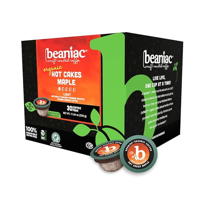 beaniac Hot Cakes Maple Flavored Light Roast Single Serve Compostable K Cup Coffee Pods Organic Arabica Coffee with Natural Flavors Keurig Brewer Compatible 30 Count