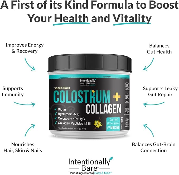 Intentionally Bare Colostrum and Collagen Powder - Bovine Colostrum Powder for Gut Health Immunity Hair Skin &amp Nails - Vanilla Bean Collagen Supplement with Biotin &amp Hyaluronic Acid - 60 Se