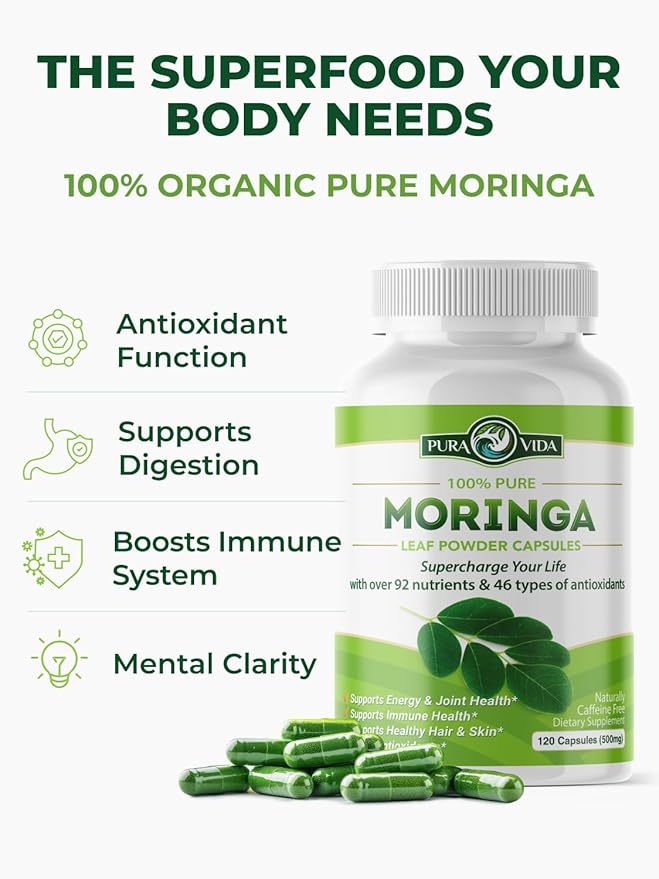 PURA VIDA MORINGA Organic Moringa Capsules Pure Moringa Leaf Powder Single Origin for Energy Metabolism &amp Immune Support 120ct 500mg Caps