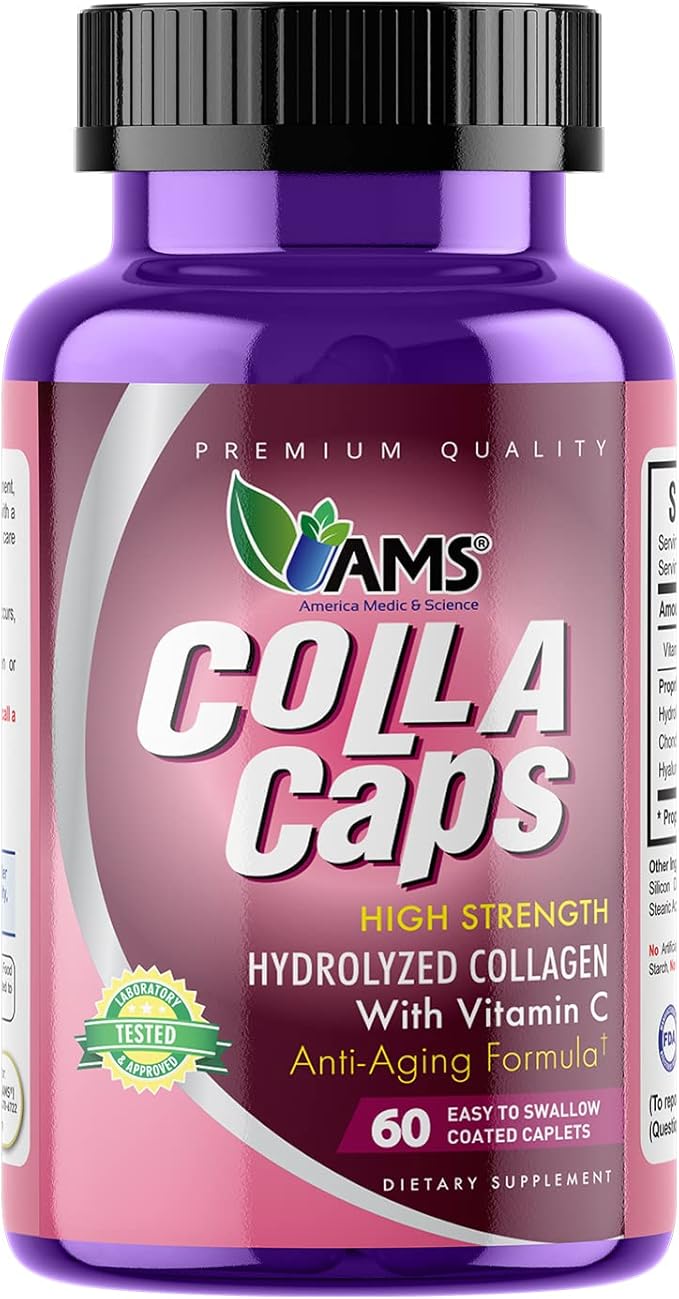 America Medic &amp Science Colla Caps (60 Caplets) | Collagen and Hyaluronic Acid Supplement with Vitamin C | for Men and Women | Repairs and Restores Skin Elasticity | Promotes Healthy Hair Growth