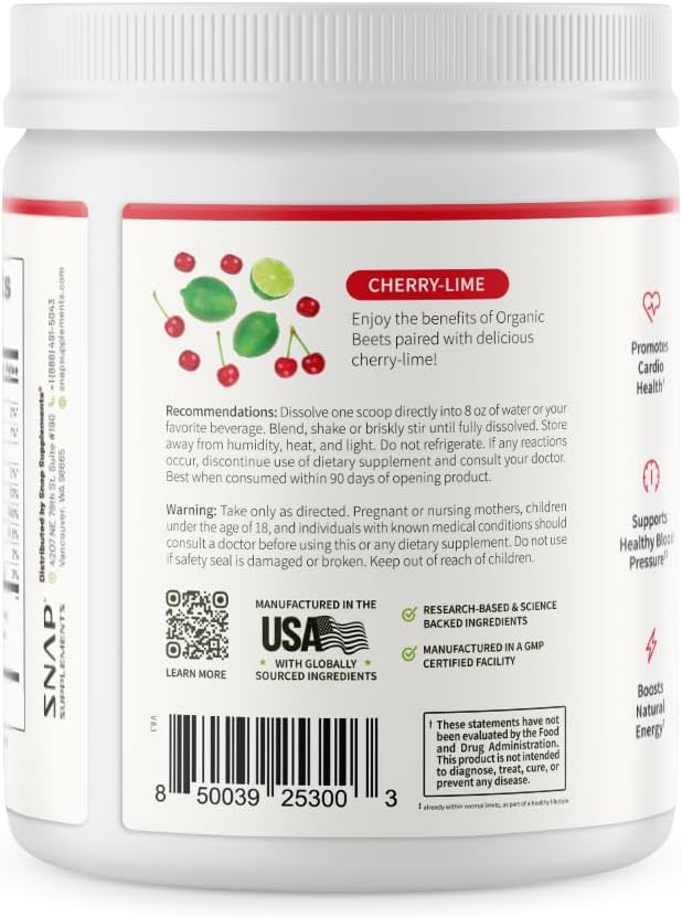 Snap Supplements Organic Beet Root Powder Nitric Oxide Supplement for Men &amp Women Red Spinach &amp Pomegranate Supports Healthy Energy &amp Blood Pressure Already in Normal Range 30 Servings