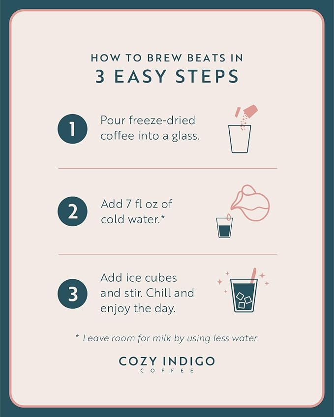 COZY INDIGO COFFEE - BEATS Cold Brew Light Medium Roast Instant Freeze Dried Specialty Coffee 24 Capsules 100% Arabica Beans Dissolves Instantly Enjoy Cold or Hot Perfect for Travel and On The Go