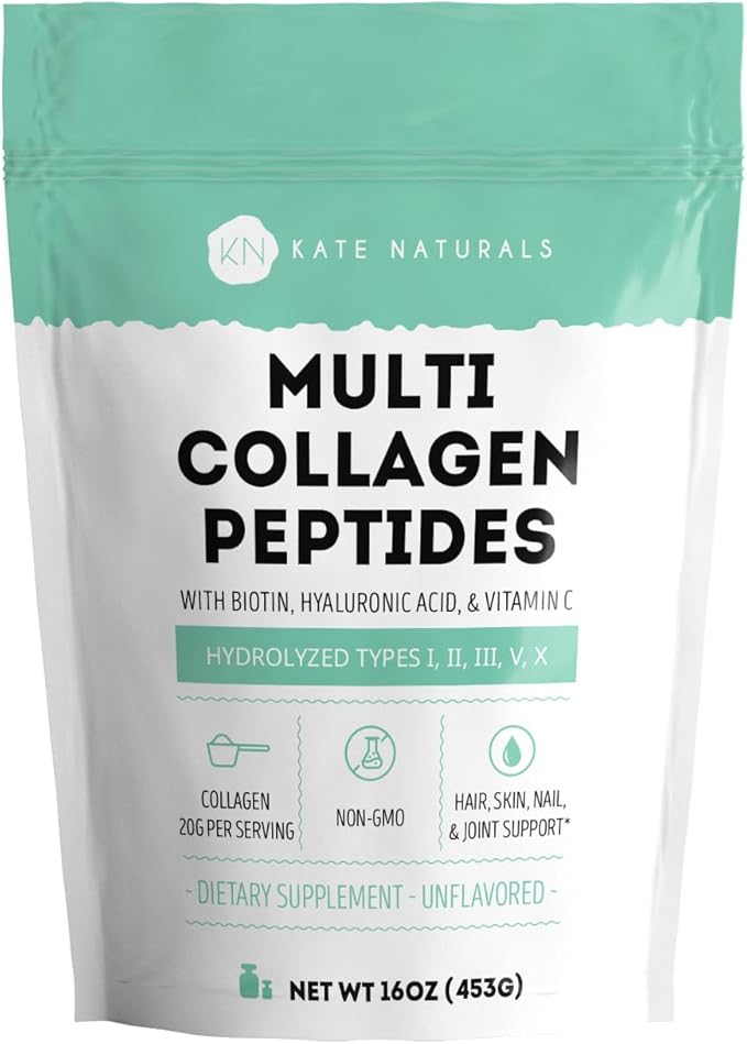 Kate Naturals Multi Collagen Peptides with Biotin Hyaluronic Acid &amp Vitamin C (16oz Hydrolyzed Unflavored) Types I II III V X Collagen for Hair Skin Nails &amp Joints