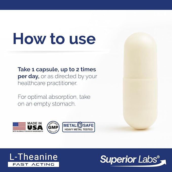 Superior Labs L-Theanine 250 mg Capsules Non-GMO Promotes Non Drowsy Relaxation &amp Helps Ease Everyday Stress Supports Healthy Sleep Promotes a Focused Mind High Absorption 90 Veg Caps