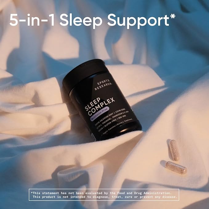 Sports Research® Sleep Complex- Melatonin-Free Vegan Capsules - with Valerian Root GABA L-Theanine Magnesium &amp 5-HTP - 30 Servings