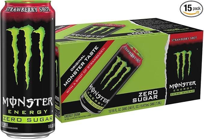 Monster Energy Zero Sugar Strawberry Shot Green Original Sugar Free Energy Drink 16 Ounce (Pack of 15)