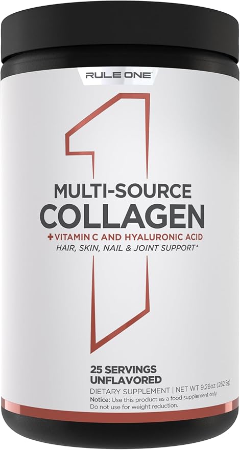 Rule 1 Proteins Multi-Source Collagen Powder - Bovine Chicken Fish &amp Eggshell Collagen Sources + Hyaluronic Acid &amp Vitamin C for Hair Skin &amp Nail Support (25 Servings Unflavored)