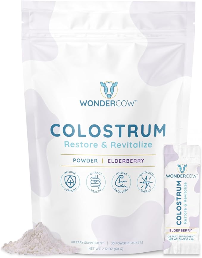 WONDERCOW Colostrum Supplement Powder for Gut Health Immune Support &amp Wellness | Natural IgG Pure Whole Bovine Colostrum Superfood Elderberry 30 Servings