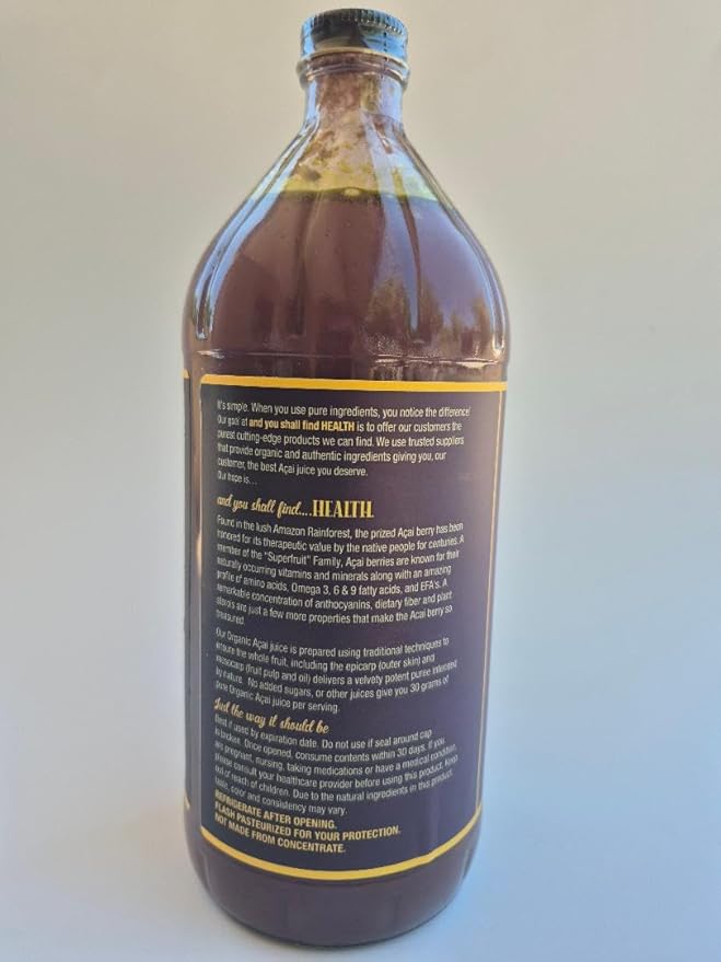 Organic Only ACAI 100% Pure Juice 32oz (1qt) Vitamin Antioxidant &amp Omega Rich Liquid Fruit Puree 30g of Whole Superfruit Per Serving Gluten-Free Vegan Non GMO in GLASS Bottle AYSFH