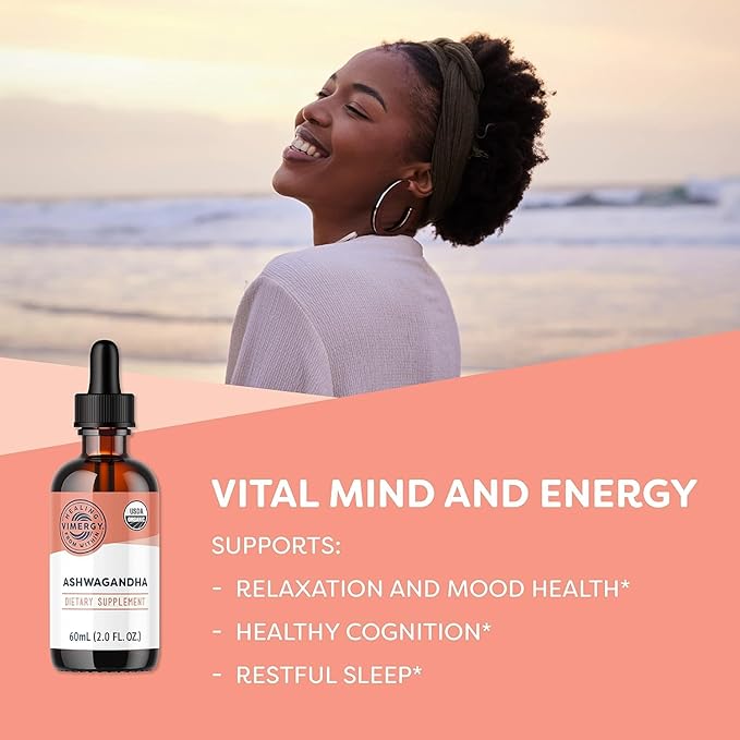 Vimergy USDA Organic Ashwagandha Liquid Extract 57 Servings –Stress Supplement Drops – Adaptogen - Supports Cognitive Function – Sleep Support – Alcohol-Free Non-GMO Vegan &amp Paleo Friendly (55