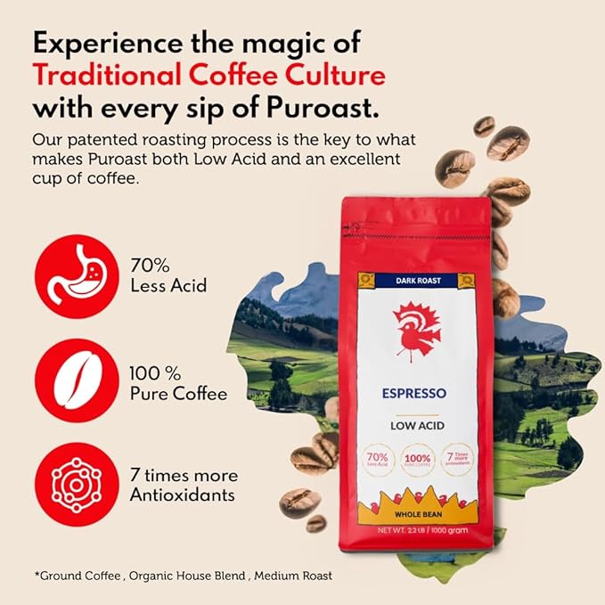 Puroast Low Acid Coffee Whole Bean | Espresso Roast Whole Bean | Dark Roast | High Antioxidants &amp High pH |No Bitter Aftertaste | Reduced Heartburn &amp GERD | Suitable for Cold Brew - 2.2 LB