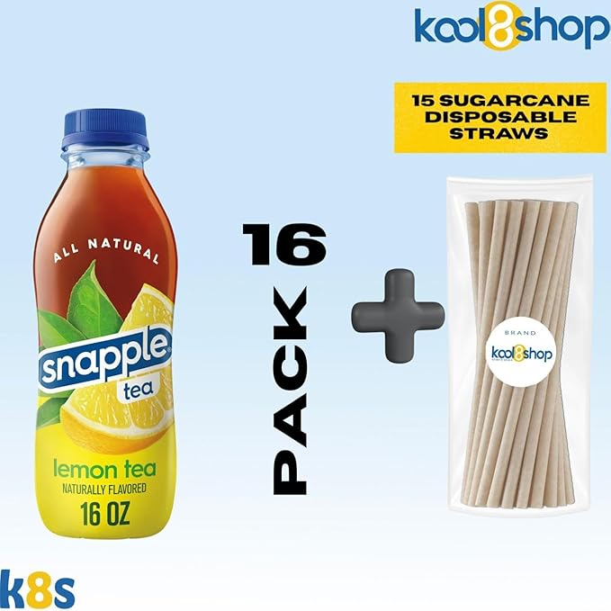 Snapple Lemon Tea All Natural Fruit Juice 16 fl oz Plastic Bottles 16 Pack + 15 Sugarcane Disposable Straws by KOOL8SHOP Infinite Deals