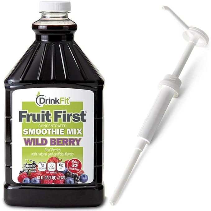DrinkFit Fruit Smoothie | Real Fruit Puree Low Sugar Gluten:Free &amp Non:GMO Wildberry Smoothie : Makes 32 Smoothies 64 Fl Oz with Dispensing Pump (Wildberry)