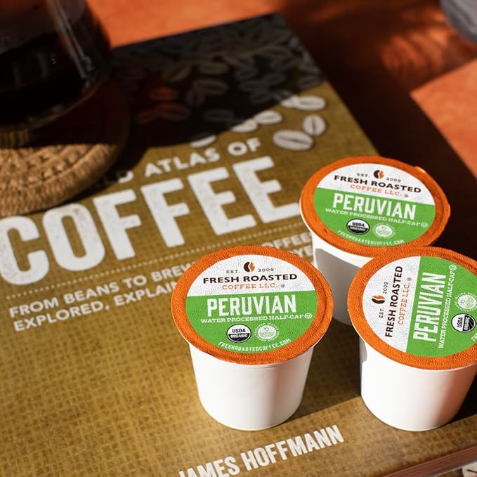 Fresh Roasted Coffee USDA Organic Peru Water-Processed Half-Caf | 3rd Party Tested for Pesticides Mold Mycotoxins Kosher | 100% Arabica Specialty Grade Med Roast 72 Pods for K Cup Brewers