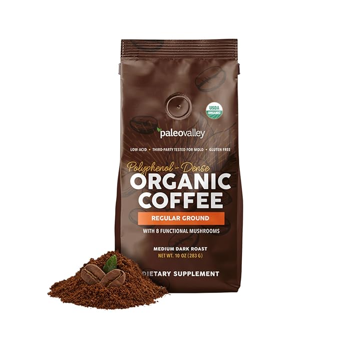 Paleovalley Organic Ground Coffee 10oz - Regular Low Acid Single-Origin Polyphenol-Rich Infused with Mushrooms