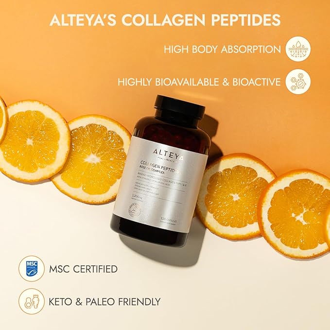 Alteya Organics Collagen Peptides &amp Rose Oil Complex – Beauty Supplement with 3200mg Marine Hydrolyzed Collagen Type I &amp III Vitamin C &amp Hyaluronic Acid – Skin Hair Nail &amp Joint Sup